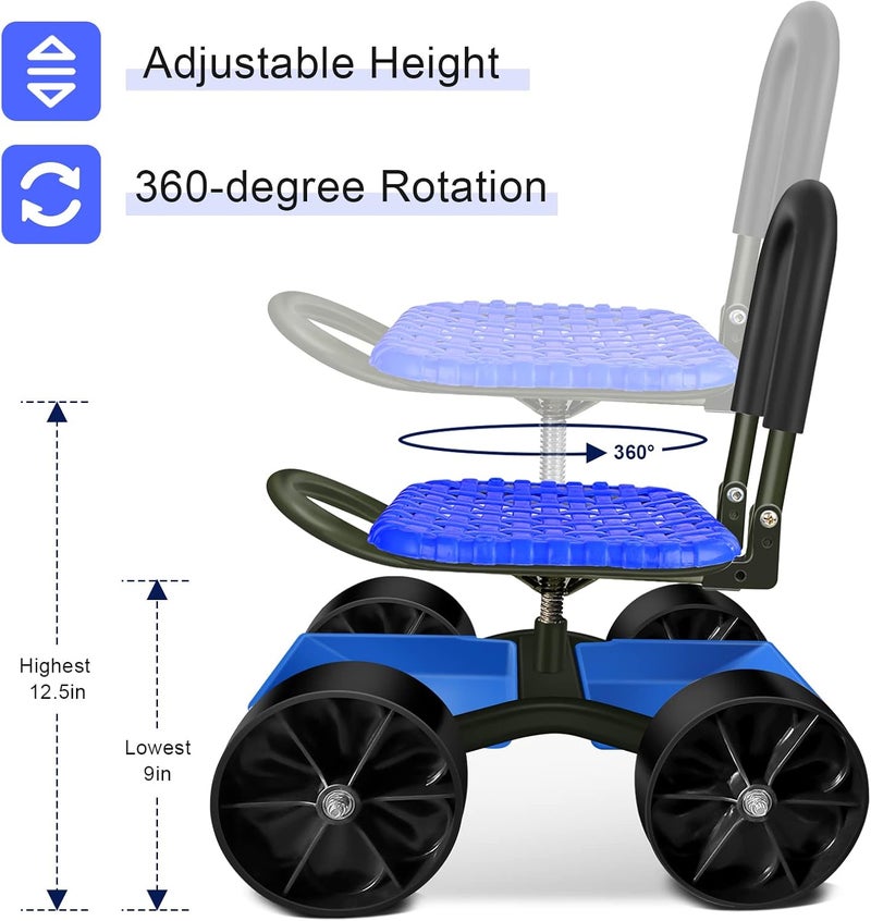 iCover Garden Cart Rolling Stool Four Wheels with Tool Bag and Two Patio Gloves, Stable Workseat Sturdy Carts Adjustable Seat Height and Direction, Gardening Helper - Image 4